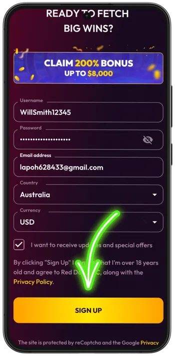Red Dog Casino registration confirmation and email verification step