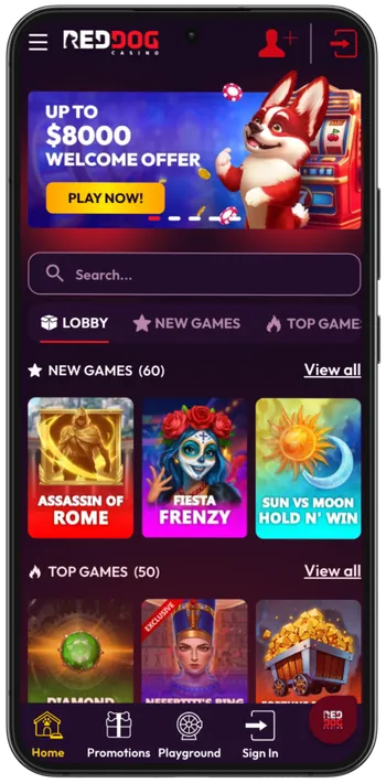 Red Dog Casino official homepage on desktop and mobile browser