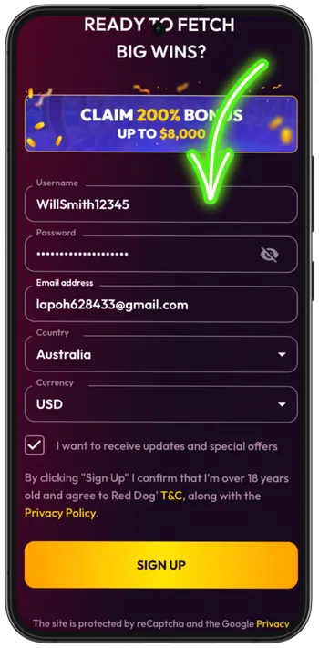 Red Dog Casino registration form with username email and country fields