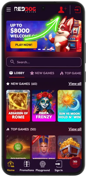 Red Dog Casino sign up button location on the page
